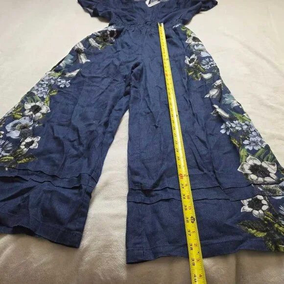 New SP By Anthropologie The Somerset linen printed jumpsuit in blue S Petite